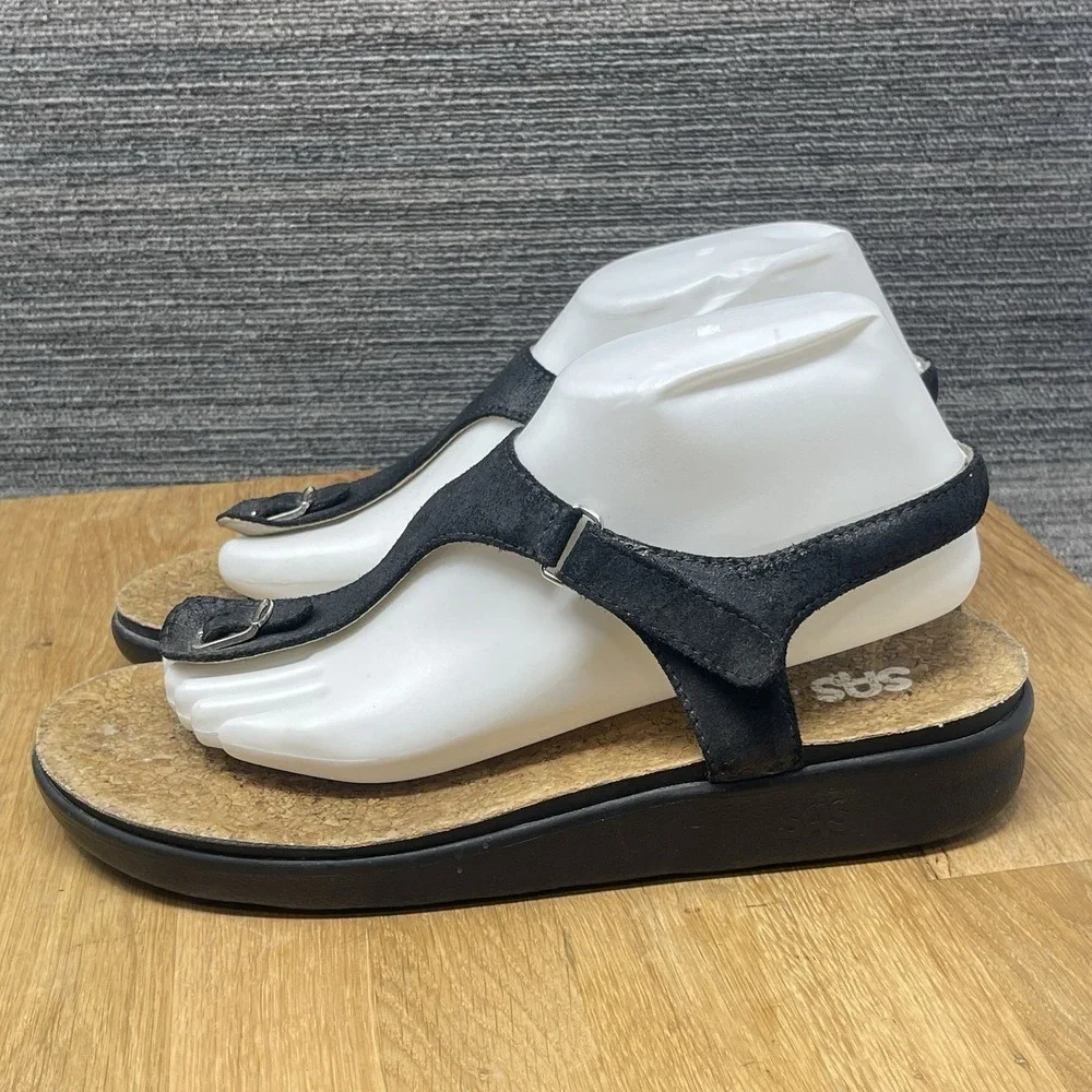 SAS Marina Sandals Womens 9.5 W Black Leather T-Strap Wide Cork Bed Thong Shoes‎